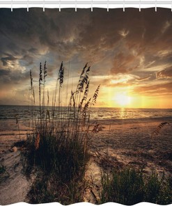Calm Coastal Scene Shower Curtain, Cloudy Sunset Ocean Picture Cloth Bathroom Decor in Yellow Tan