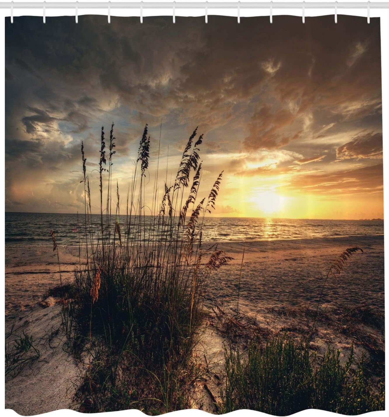 Calm Coastal Scene Shower Curtain, Cloudy Sunset Ocean Picture Cloth Bathroom Decor in Yellow Tan