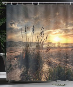 Calm Coastal Scene Shower Curtain, Cloudy Sunset Ocean Picture Cloth Bathroom Decor in Yellow Tan