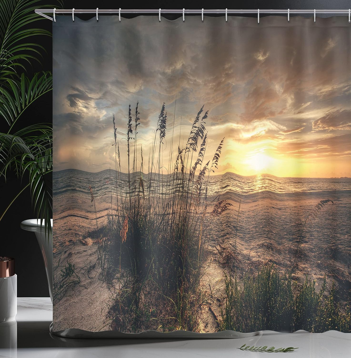 Calm Coastal Scene Shower Curtain, Cloudy Sunset Ocean Picture Cloth Bathroom Decor in Yellow Tan