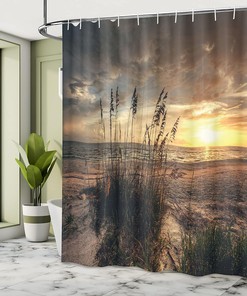 Calm Coastal Scene Shower Curtain, Cloudy Sunset Ocean Picture Cloth Bathroom Decor in Yellow Tan