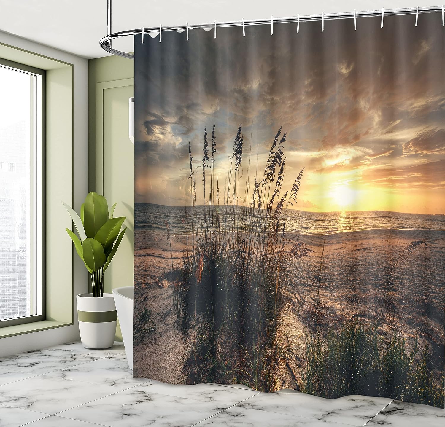 Calm Coastal Scene Shower Curtain, Cloudy Sunset Ocean Picture Cloth Bathroom Decor in Yellow Tan