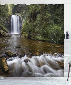 Calming River Waterfall Shower Curtain, Waterfalls in North Western Lands, Cloth Bathroom Decor, Green and Brown 