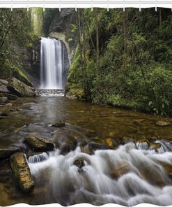 Calming River Waterfall Shower Curtain, Waterfalls in North Western Lands, Cloth Bathroom Decor, Green and Brown