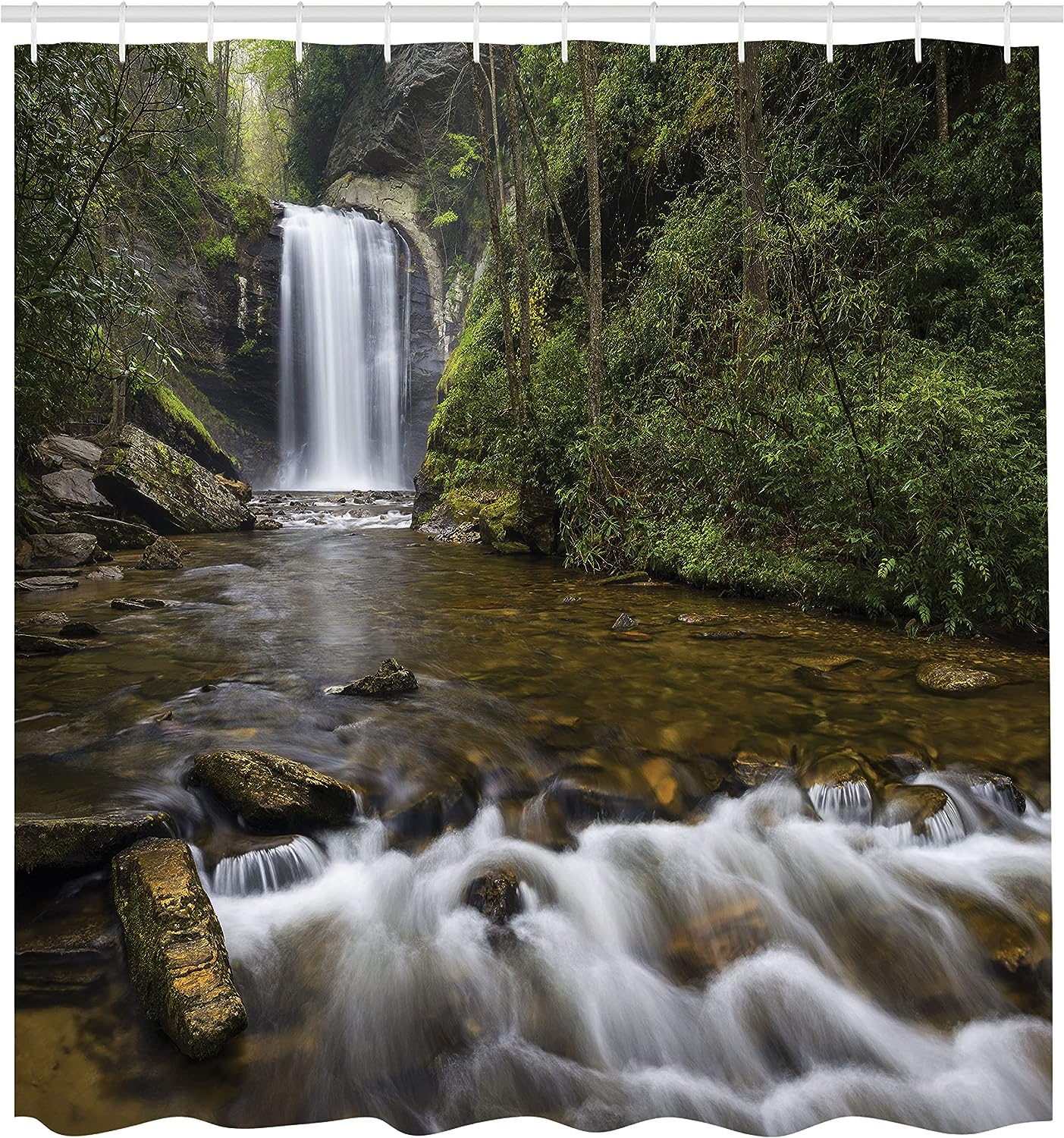 Calming River Waterfall Shower Curtain, Waterfalls in North Western Lands, Cloth Bathroom Decor, Green and Brown