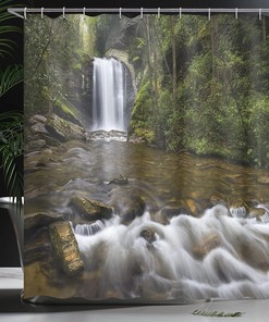 Calming River Waterfall Shower Curtain, Waterfalls in North Western Lands, Cloth Bathroom Decor, Green and Brown