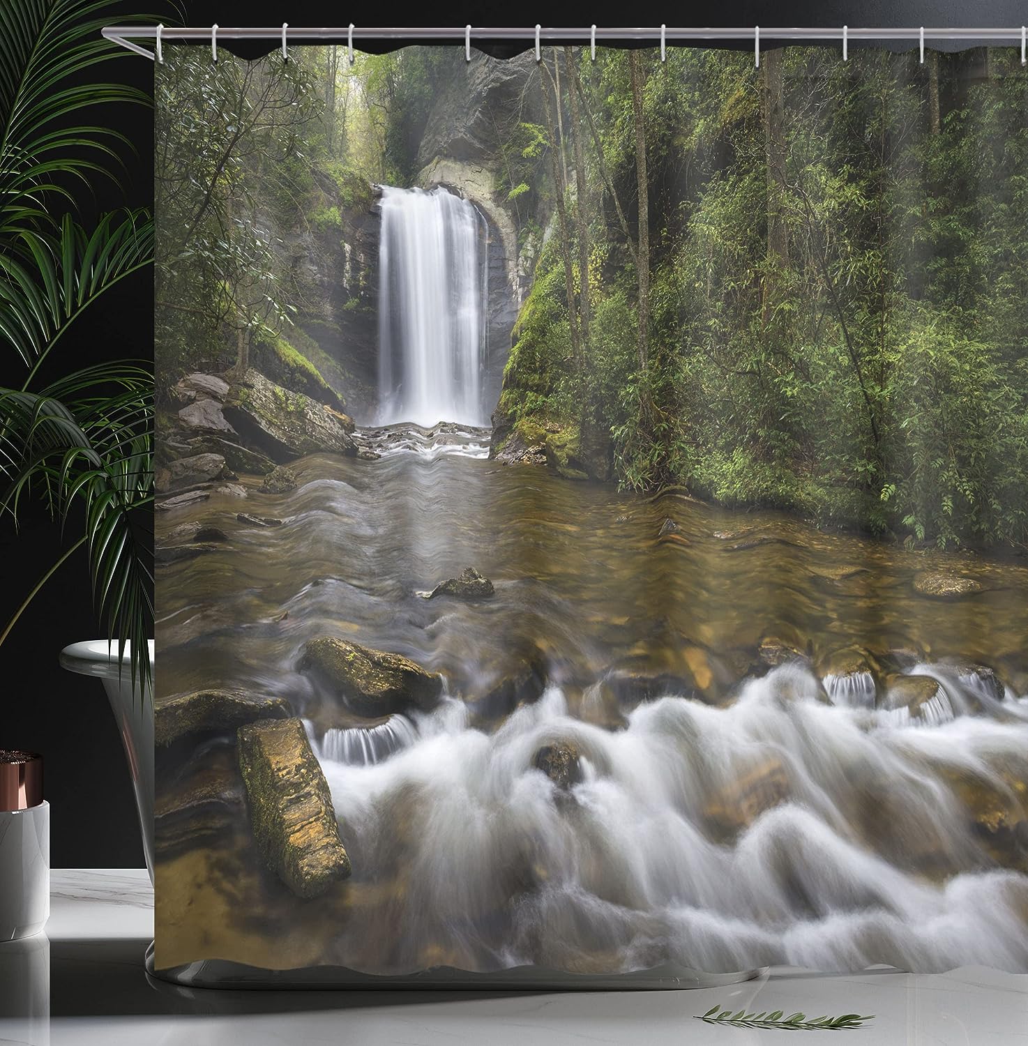 Calming River Waterfall Shower Curtain, Waterfalls in North Western Lands, Cloth Bathroom Decor, Green and Brown