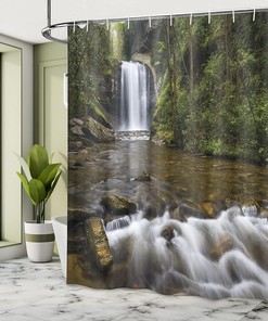 Calming River Waterfall Shower Curtain, Waterfalls in North Western Lands, Cloth Bathroom Decor, Green and Brown
