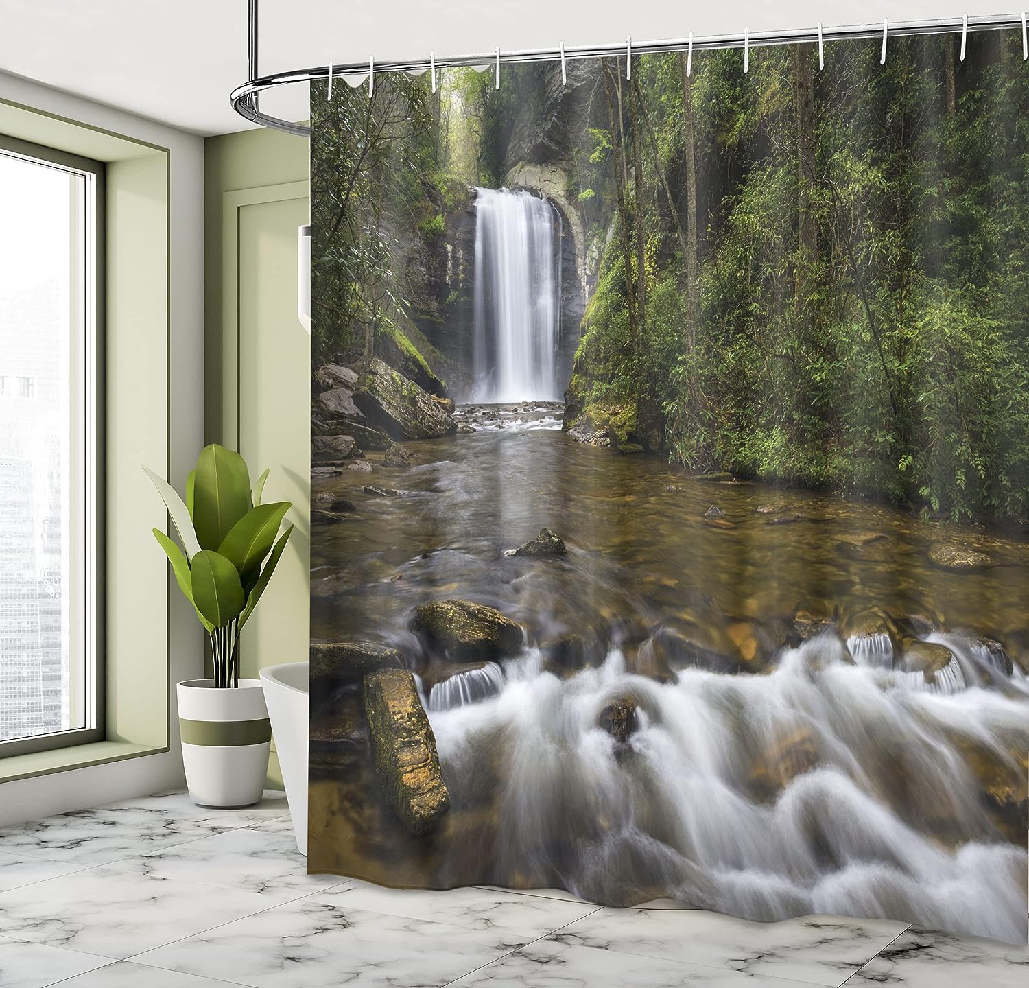 Calming River Waterfall Shower Curtain, Waterfalls in North Western Lands, Cloth Bathroom Decor, Green and Brown