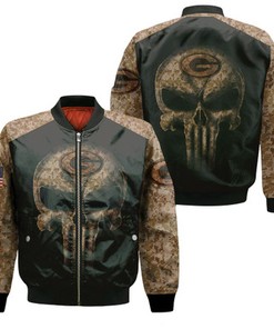Camouflage Skull Green Bay Packers American Flag 3D Jersey Bomber Jacket