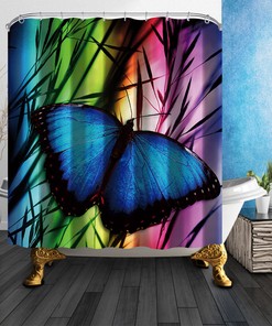 Camouflage and Butterfly Shower Curtain, Blue Design, Waterproof Fabric