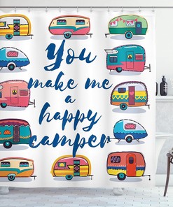 Camper Shower Curtain, Happy Motivational Words with Caravans Retro Travel Graphic in Indigo Yellow Bathroom Decor