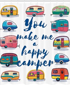 Camper Shower Curtain, Happy Motivational Words with Caravans Retro Travel Graphic in Indigo Yellow Bathroom Decor