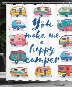 Camper Shower Curtain, Happy Motivational Words with Caravans Retro Travel Graphic in Indigo Yellow Bathroom Decor