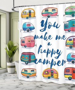 Camper Shower Curtain, Happy Motivational Words with Caravans Retro Travel Graphic in Indigo Yellow Bathroom Decor