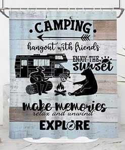 Camper Shower Curtain With Bonfire and Happy Campfire Design - Perfect for Travel Trailer Bathroom Decoration