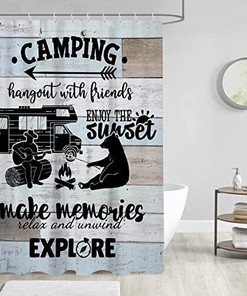 Camper Shower Curtain With Bonfire and Happy Campfire Design - Perfect for Travel Trailer Bathroom Decoration