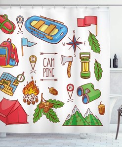 Camping Camper Shower Curtain, Equipments and Illustration in Blue Red Bathroom Decor