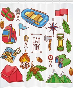 Camping Camper Shower Curtain, Equipments and Illustration in Blue Red Bathroom Decor