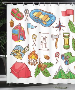 Camping Camper Shower Curtain, Equipments and Illustration in Blue Red Bathroom Decor