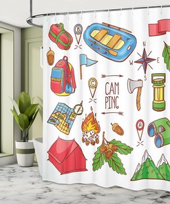 Camping Camper Shower Curtain, Equipments and Illustration in Blue Red Bathroom Decor