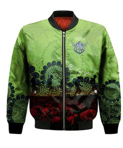 Canberra Raiders Bomber Jacket Aboriginal Rugby Anzac Day Poppy With Soldiers- NRL