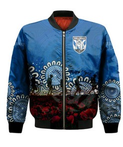 Canterbury-Bankstown Bulldogs Bomber Jacket Aboriginal Rugby Anzac Day Poppy With Soldiers- NRL