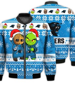 Carolina Panthers Baby Groot And Grinch Best Friends Football American Ugly Christmas Sweater Gifts Unisex 3D Bomber Jacket