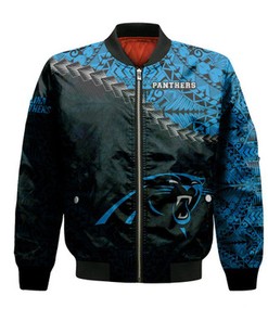 Carolina Panthers Bomber Jacket Grunge Polynesian Tattoo - NFL