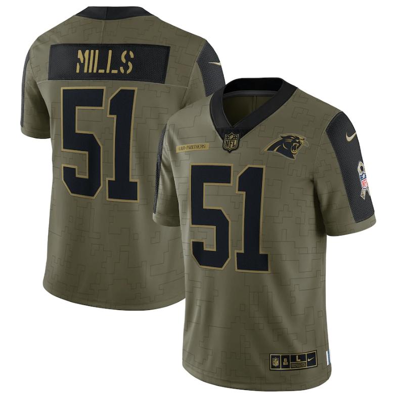 Carolina Panthers Sam Mills 51 Nfl Olive 2021 Salute To Service Player Men Jersey For Panthers Fans