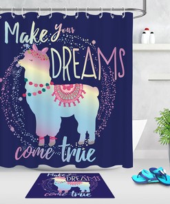 Cartoon Alpaca Llama Shower Curtain, Blue Background, Waterproof Fabric