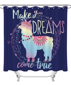 Cartoon Alpaca Llama Shower Curtain, Blue Background, Waterproof Fabric