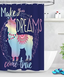 Cartoon Alpaca Llama Shower Curtain, Blue Background, Waterproof Fabric
