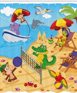 Cartoon Animal Shower Curtain, Exotic Summer Illustration with Monkeys and Dolphins- Bathroom Decor