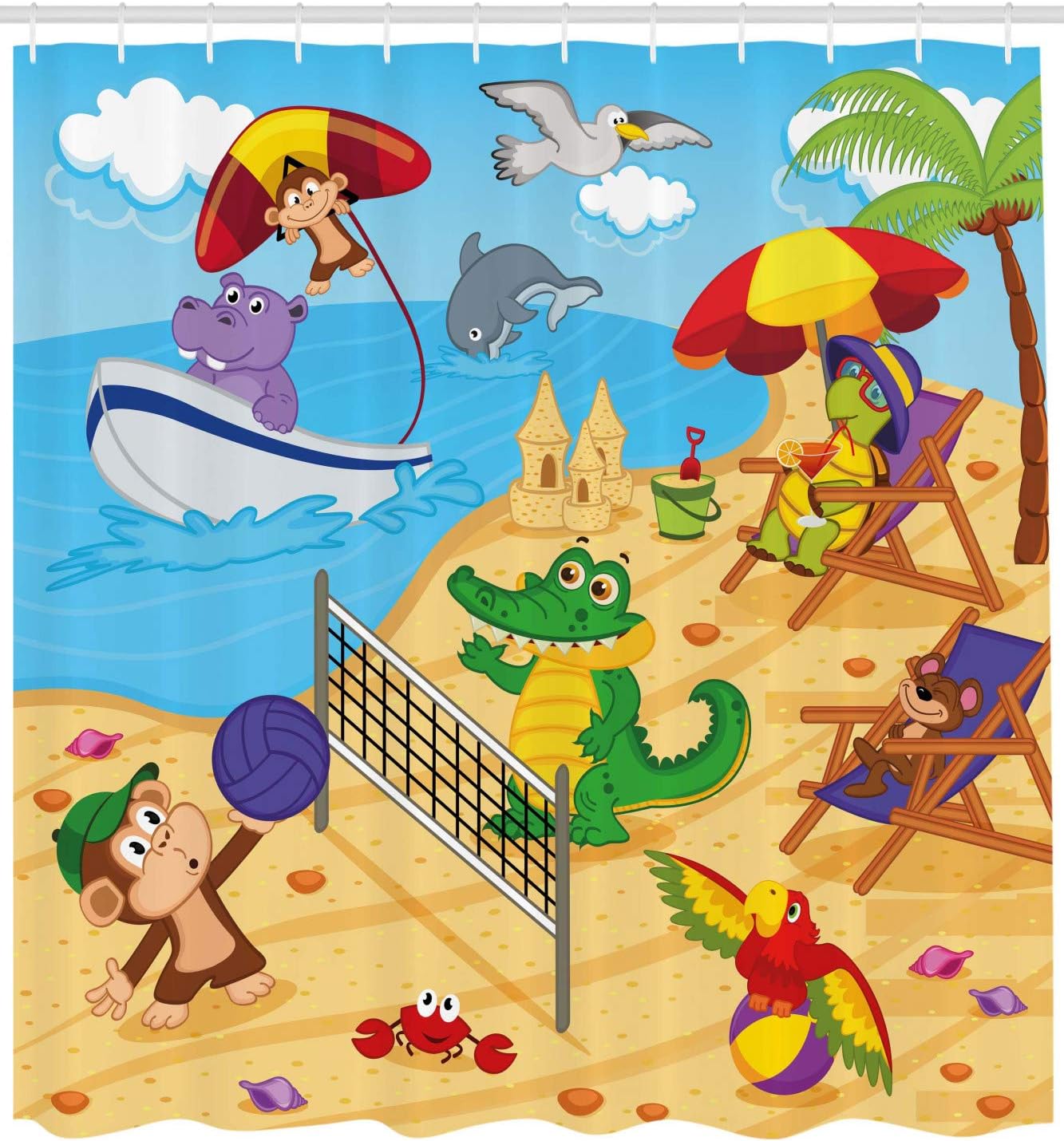Cartoon Animal Shower Curtain, Exotic Summer Illustration with Monkeys and Dolphins- Bathroom Decor