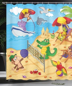 Cartoon Animal Shower Curtain, Exotic Summer Illustration with Monkeys and Dolphins- Bathroom Decor