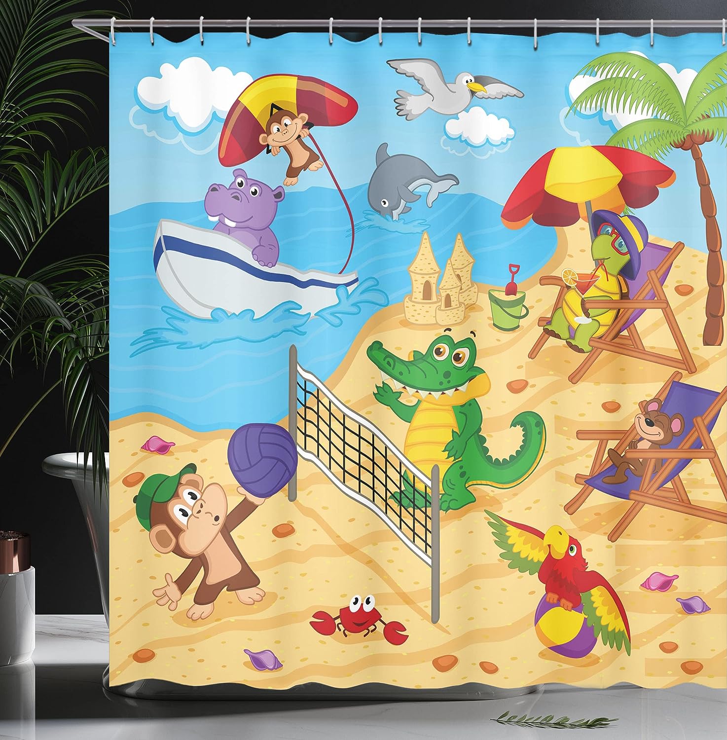 Cartoon Animal Shower Curtain, Exotic Summer Illustration with Monkeys and Dolphins- Bathroom Decor