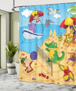 Cartoon Animal Shower Curtain, Exotic Summer Illustration with Monkeys and Dolphins- Bathroom Decor