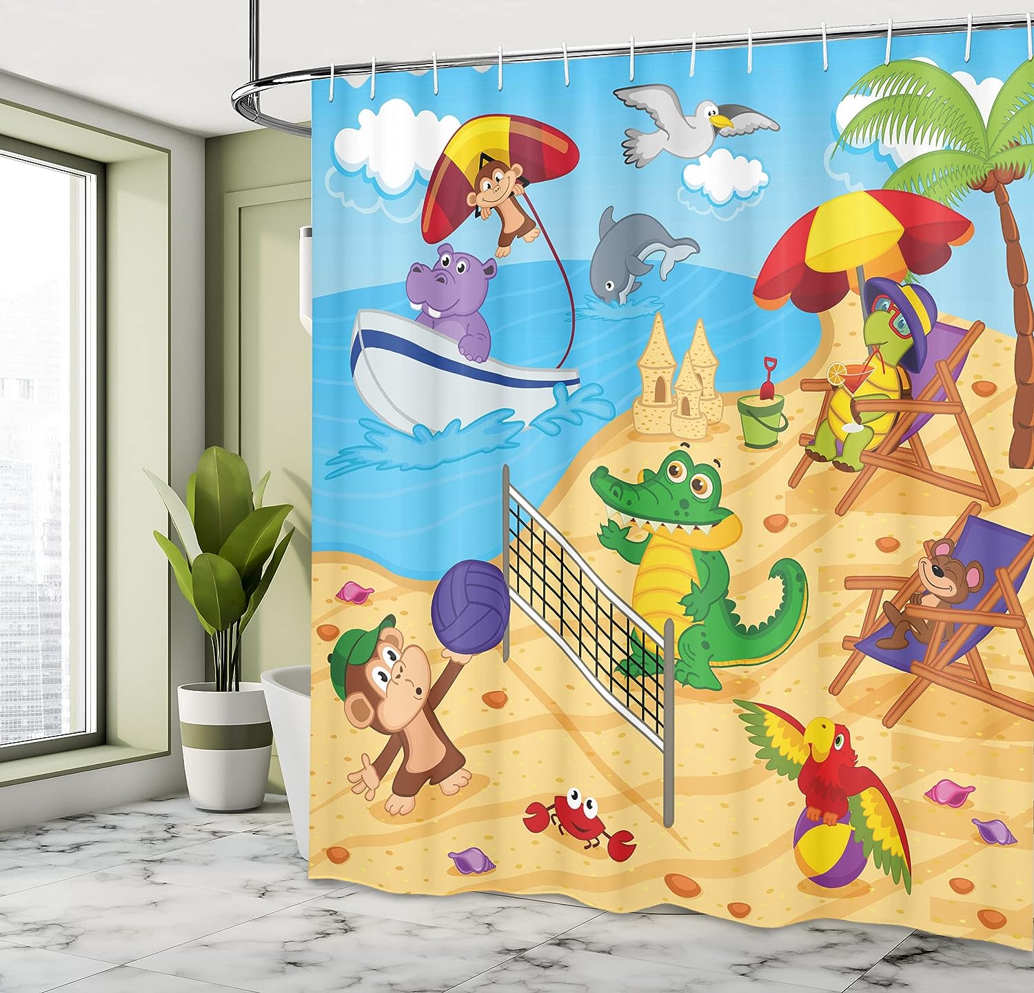 Cartoon Animal Shower Curtain, Exotic Summer Illustration with Monkeys and Dolphins- Bathroom Decor