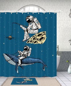 Cartoon Astronaut Monkey Shower Curtain - Outer Space Bathroom Decor