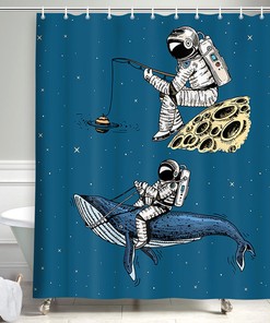 Cartoon Astronaut Monkey Shower Curtain - Outer Space Bathroom Decor