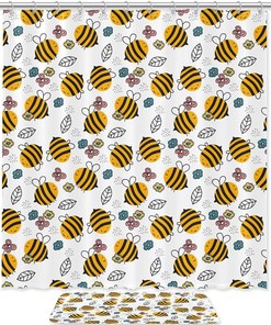 Cartoon Bees Pattern Waterproof Shower Curtain for Playful Bathroom Decor