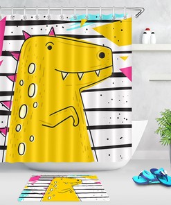 Cartoon Dinosaur Shower Curtain - Fun and Playful Black and White Bathroom Decor with Striped Background