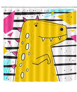 Cartoon Dinosaur Shower Curtain - Fun and Playful Black and White Bathroom Decor with Striped Background