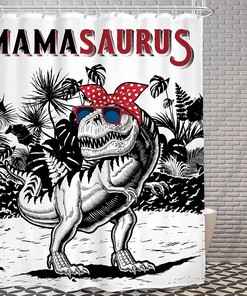 Cartoon Dinosaur Shower Curtain with Tropical Leaves Perfect for Boys Bathroom Decor