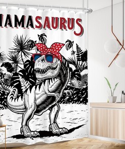 Cartoon Dinosaur Shower Curtain with Tropical Leaves Perfect for Boys Bathroom Decor