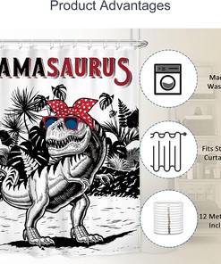 Cartoon Dinosaur Shower Curtain with Tropical Leaves Perfect for Boys Bathroom Decor