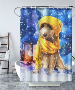 Cartoon Dogs Snowflake Print Shower Curtain for a Winter Bathroom