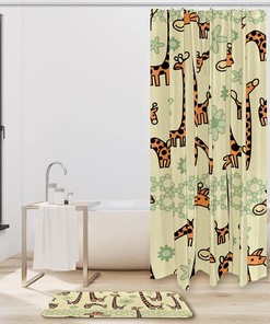 Cartoon Giraffe Pattern Shower Curtain with Microfiber Accents - Animal Themed Bathroom Decor