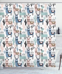 Cartoon Llamas Shower Curtain, South American Animals Hand Drawn Design Cloth Fabric Bathroom Decor, Home Decor Blush/Blue